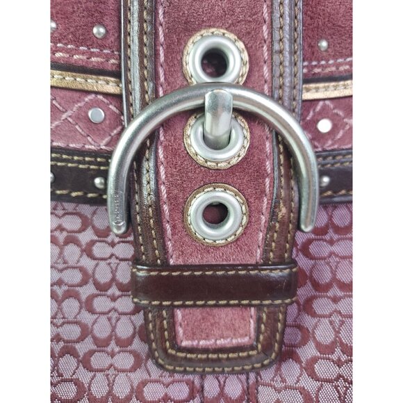 Coach Soho Signature Canvas Suede Shoulder Bag Burgundy Wine Western Country - Picture 15 of 16